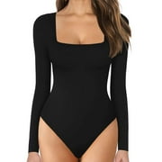 women Tummy Control bodysuits Elegant Square Neck Long Sleeve Bodysuit Rumpers Sexy V Neck Tops
